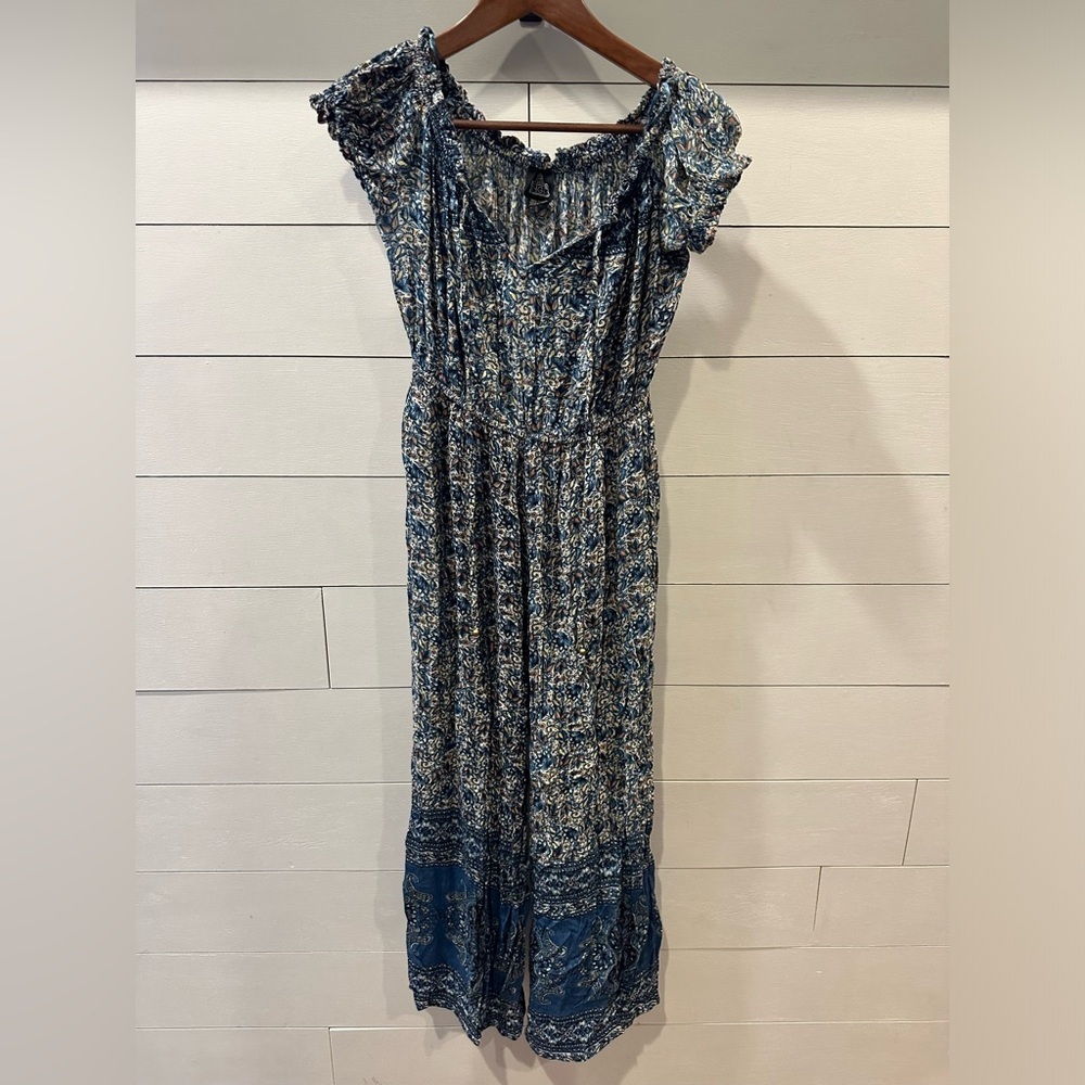 Angie Blue Floral Long Maxi Dress with Smocked Shoulders- size Medium